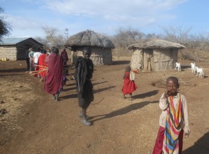 Mehrere Massai Hütten in der Steppe
